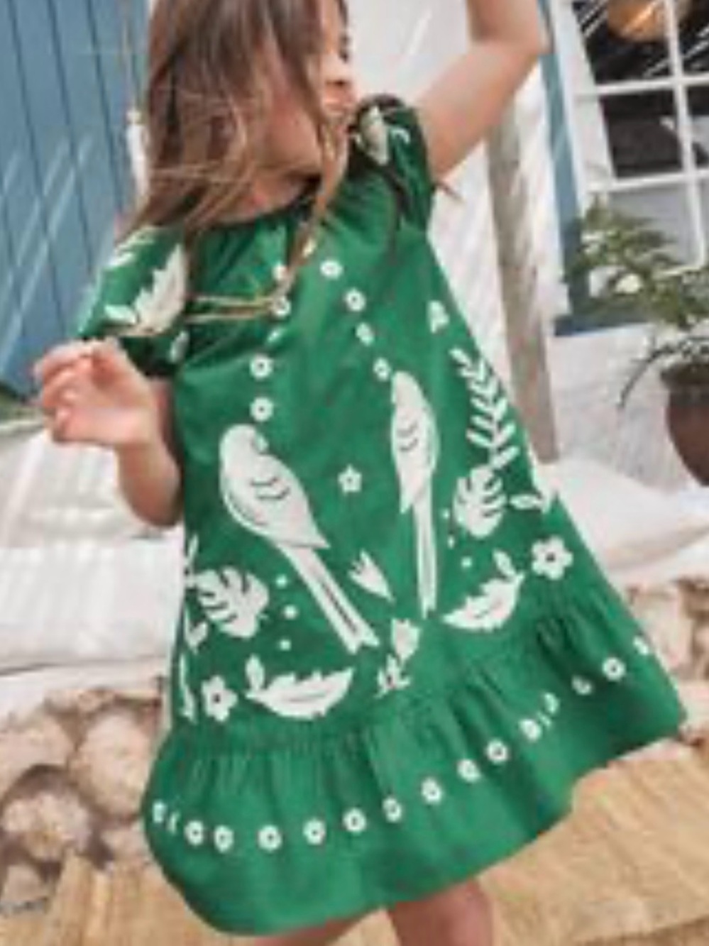 Mini Boden Green Parrot Print Ruffle-Hem Dress